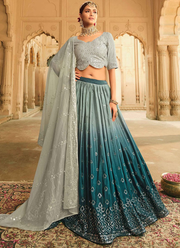Designer Choli With Shaded Silk Teal Blue Embroidered Lehenga